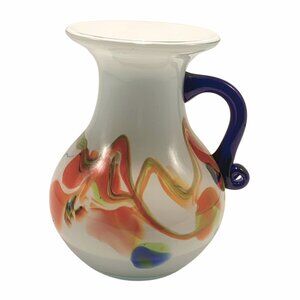 Hand-Blown Art Glass Pitcher With Multicolor Swirl Design